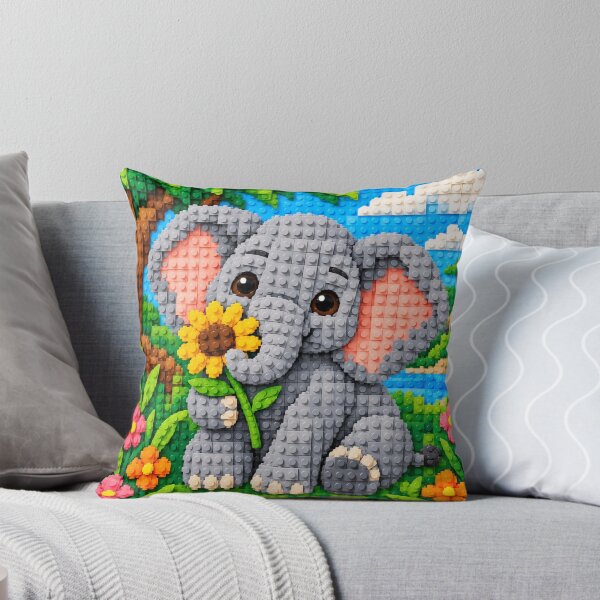 Item preview, Cute Baby Elephant with Sunflower – Colorful Building Block Mosaic Art designed and sold by WildWhimsy Art.
