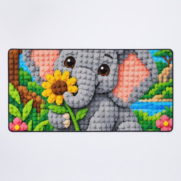 Item preview, Cute Baby Elephant with Sunflower – Colorful Building Block Mosaic Art designed and sold by WildWhimsy Art.
