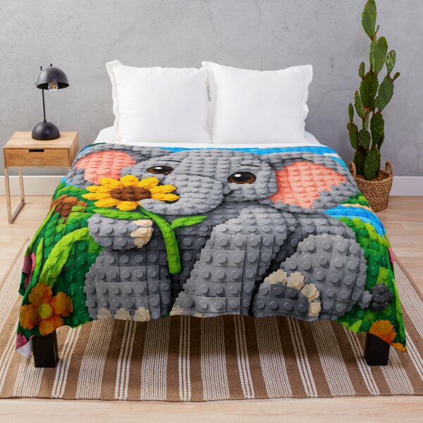 Item preview, Cute Baby Elephant with Sunflower – Colorful Building Block Mosaic Art designed and sold by WildWhimsy Art.