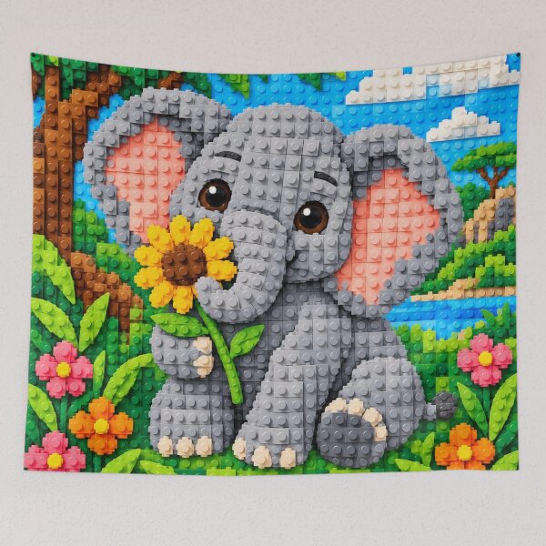 Item preview, Cute Baby Elephant with Sunflower – Colorful Building Block Mosaic Art designed and sold by WildWhimsy Art.