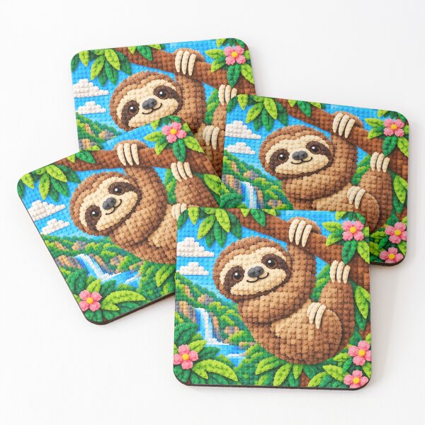 Item preview, Cute Sloth Hanging from a Tree – Colorful Building Block Mosaic Art designed and sold by WildWhimsy Art.
