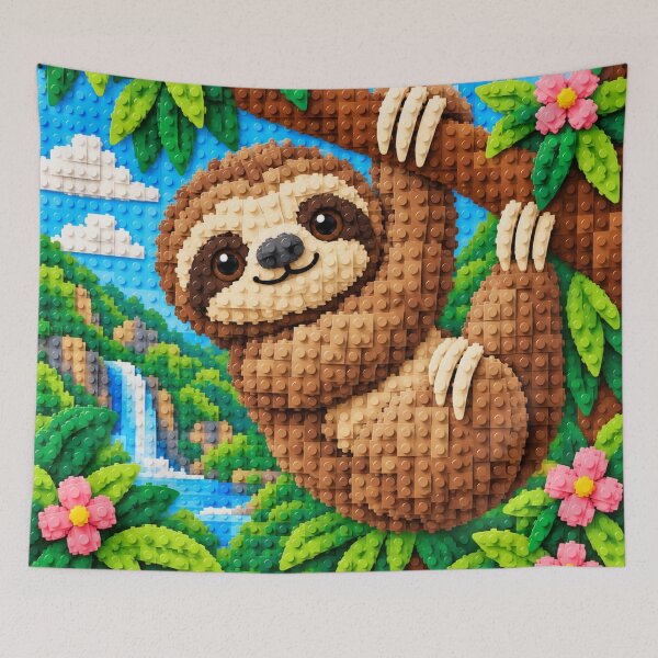 Item preview, Cute Sloth Hanging from a Tree – Colorful Building Block Mosaic Art designed and sold by WildWhimsy Art.