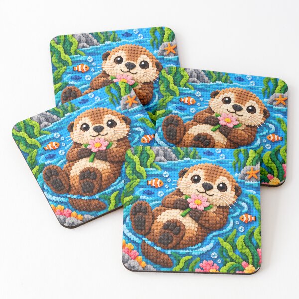 Item preview, Cozy Sea Otter – Cute Ocean Animal Building Block Mosaic Art designed and sold by WildWhimsy Art.