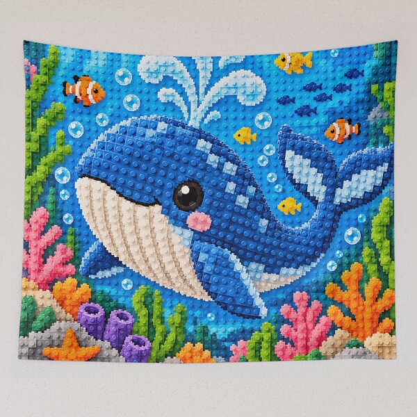 Item preview, Cute Blue Whale Underwater – Colorful Building Block Mosaic Art designed and sold by WildWhimsy Art.