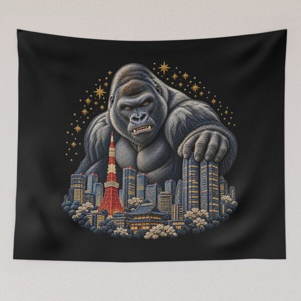 Item preview, Giant Gorilla Tokyo Skyline – Japanese Embroidery Style Art designed and sold by Emoji Emblems.