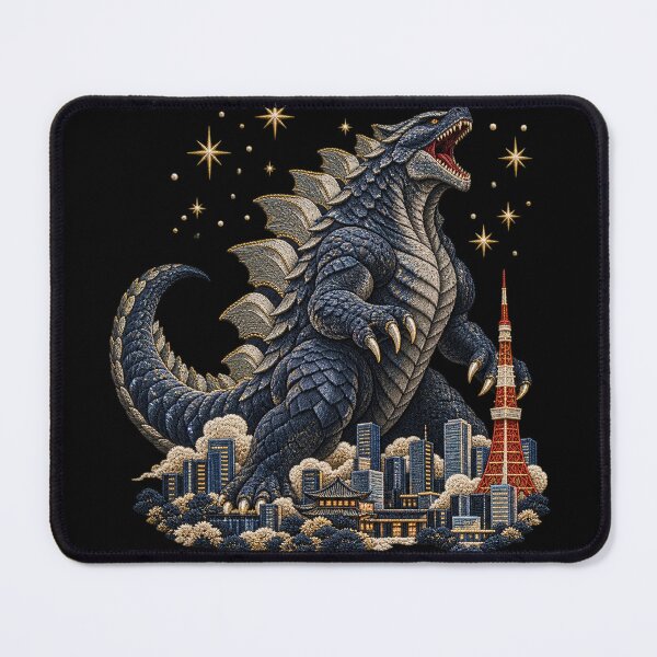 Item preview, Tokyo Kaiju Monster with Golden Stars – Embroidery Style Skyline Art designed and sold by Emoji Emblems.