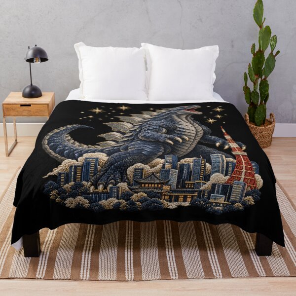 Item preview, Tokyo Kaiju Monster with Golden Stars – Embroidery Style Skyline Art designed and sold by Emoji Emblems.
