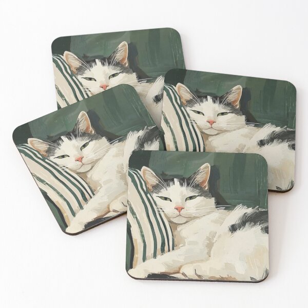 Item preview, Kitty Lounging on a Green  Striped Couch designed and sold by PinMarket.