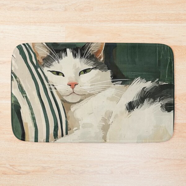 Item preview, Kitty Lounging on a Green  Striped Couch designed and sold by PinMarket.