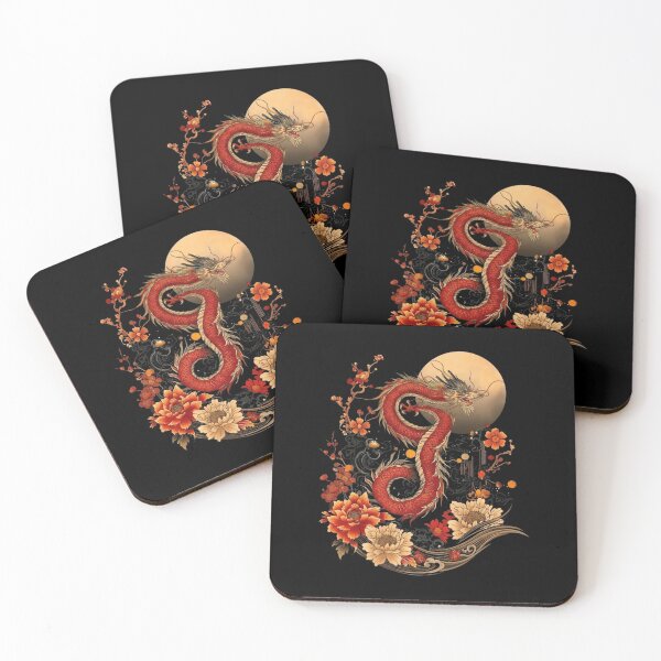 Item preview, Red Eastern Dragon with Moon and Floral Japanese Style designed and sold by Ostericaimusa.