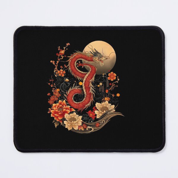 Item preview, Red Eastern Dragon with Moon and Floral Japanese Style designed and sold by Ostericaimusa.