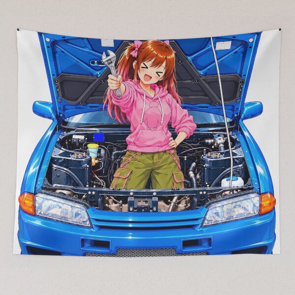 Item preview, Engine Pulled! Cute Anime Mechanic Girl with Blue R32 JDM designed and sold by AKIHABARAMOTORS.