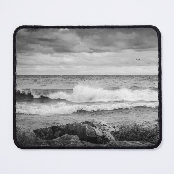 Item preview, Lake Michigan waves with rocky foreground in Sheboygan  Wisconsin black and white designed and sold by TerraMediaLLC.