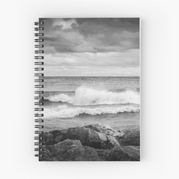 Item preview, Lake Michigan waves with rocky foreground in Sheboygan  Wisconsin black and white designed and sold by TerraMediaLLC.
