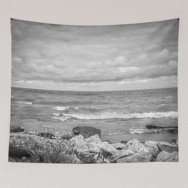 Item preview, Lake Michigan waves and rocks in black and white designed and sold by TerraMediaLLC.