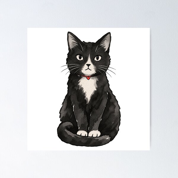 Item preview, Tuxedo Cat Sitting Upright Ink Watercolor Art designed and sold by Jessie's Palette.