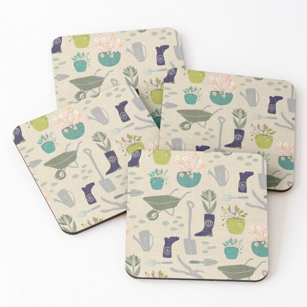 Item preview, Garden tools flower pots gum boots - navy teal green on cream linen look designed and sold by ahahdodo.