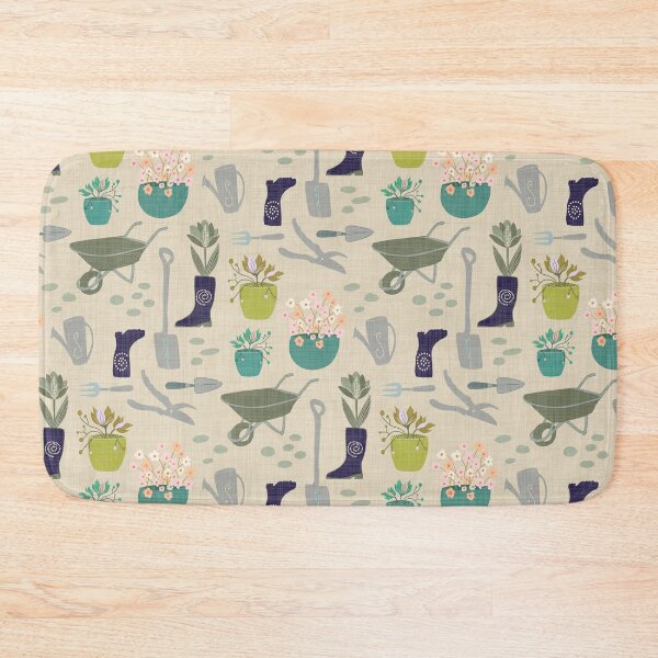 Item preview, Garden tools flower pots gum boots - navy teal green on cream linen look designed and sold by ahahdodo.