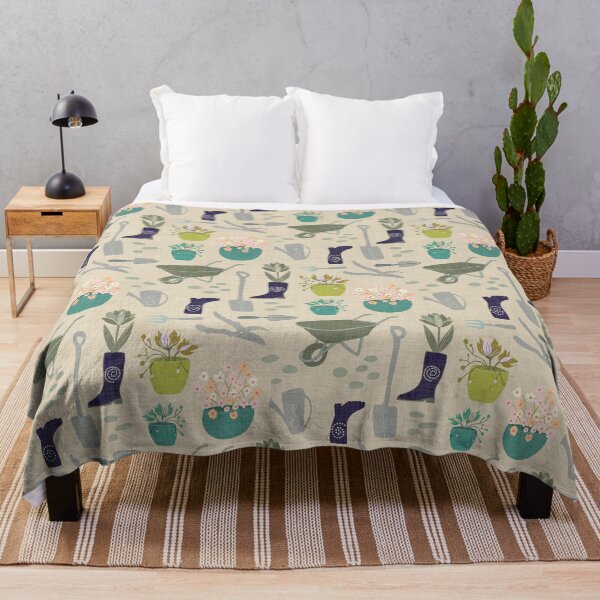 Item preview, Garden tools flower pots gum boots - navy teal green on cream linen look designed and sold by ahahdodo.