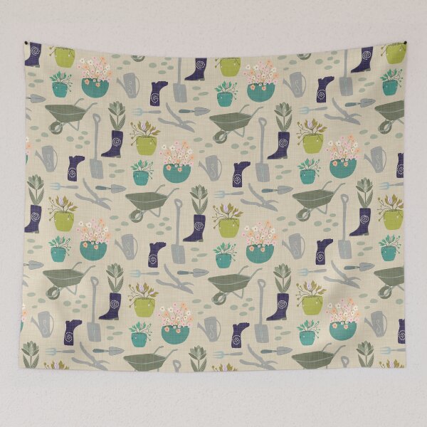Item preview, Garden tools flower pots gum boots - navy teal green on cream linen look designed and sold by ahahdodo.