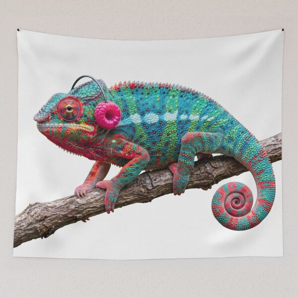 Item preview, THE PINK PANTHER CHAMELEON - Vibrant Colorful Chameleon with Raspberry Headphones designed and sold by Sulco Design.