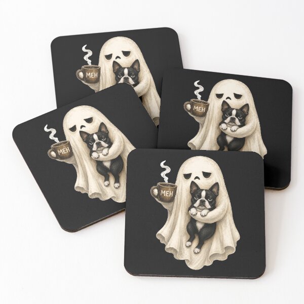 Item preview, Grumpy Ghost Boston Terrier Holding Coffee Spooky Halloween designed and sold by Aladino Tamayo.