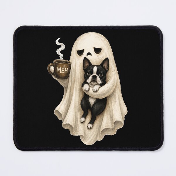 Item preview, Grumpy Ghost Boston Terrier Holding Coffee Spooky Halloween designed and sold by Aladino Tamayo.