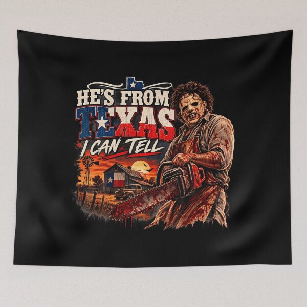 Item preview, novelty spooky halloween chainsaw he's from texas i can tell designed and sold by KellyDrooger0.