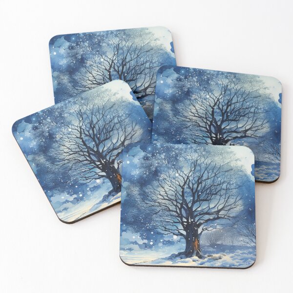 Item preview, Starry Winter Tale - A Bare Tree Standing Alone In Snowing Woods At Night - Winter Art - Watercolor Art designed and sold by CastleBySea.