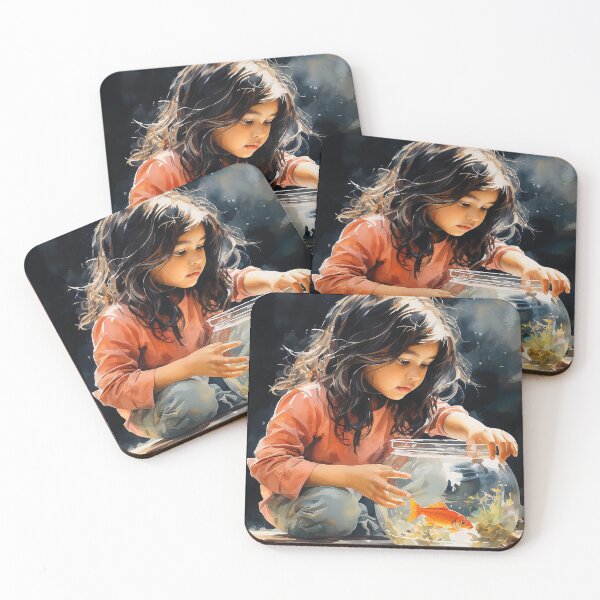 Item preview, Tiny Observer - An Indian Girl Watching A Goldfish In A Bowl - Indian Art - Watercolor Art designed and sold by CastleBySea.