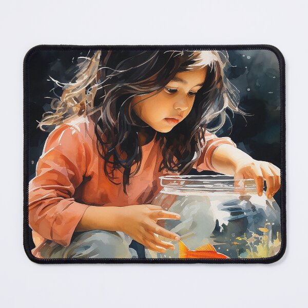 Item preview, Tiny Observer - An Indian Girl Watching A Goldfish In A Bowl - Indian Art - Watercolor Art designed and sold by CastleBySea.