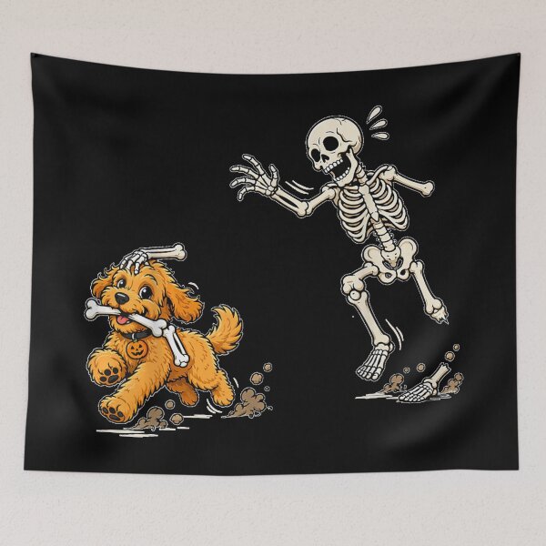 Item preview, Funny Goldendoodle Dog Stealing Bone from Skeleton Halloween designed and sold by SuziLope.