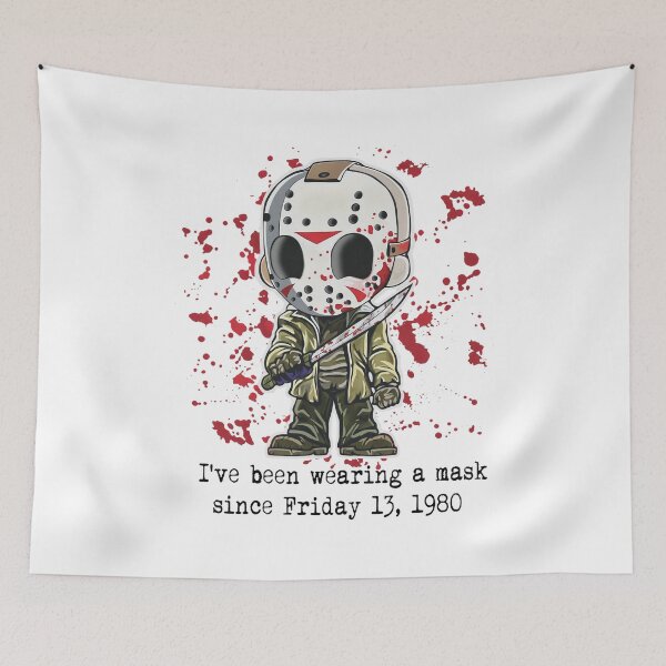 Item preview, Chibi Jason Mask Blood Spatter Horror Quote designed and sold by Kristaeeneycvb.