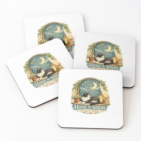 Item preview, Home Is Where the Quiet Purrs Cozy Cat Moonlight Cottagecore Art Design designed and sold by inkoutninja.