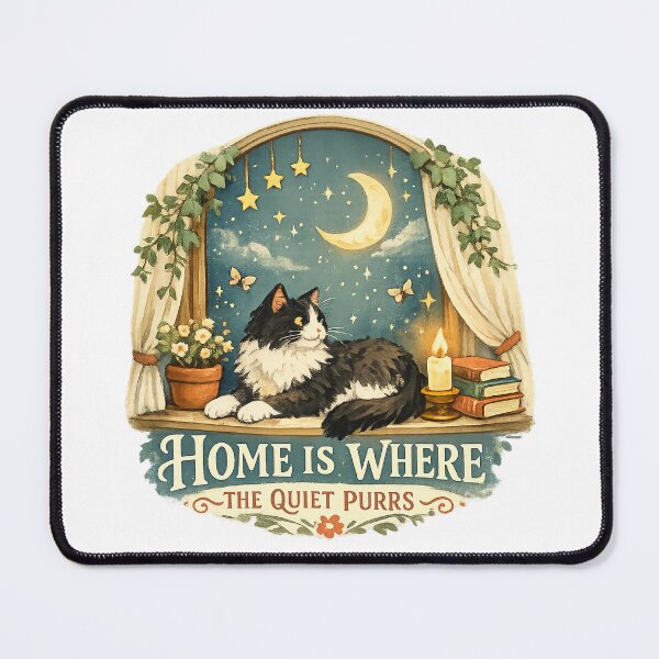 Item preview, Home Is Where the Quiet Purrs Cozy Cat Moonlight Cottagecore Art Design designed and sold by inkoutninja.