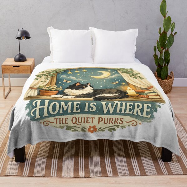 Item preview, Home Is Where the Quiet Purrs Cozy Cat Moonlight Cottagecore Art Design designed and sold by inkoutninja.
