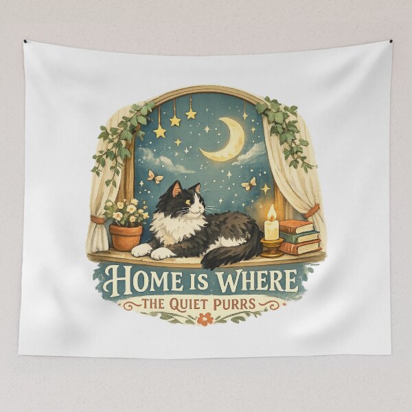 Item preview, Home Is Where the Quiet Purrs Cozy Cat Moonlight Cottagecore Art Design designed and sold by inkoutninja.