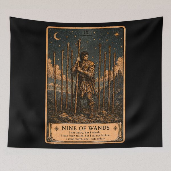 Item preview, Nine of Wands Tarot Card - Mystical Protection & Inner Strength Illustration designed and sold by ArcanaAbsolute.