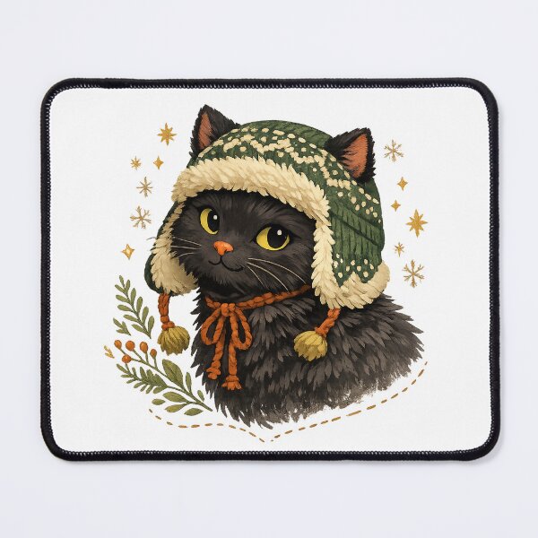 Item preview, Cozy Black Cat Winter Hat Cute Cottagecore Snowflake Cat Art Design designed and sold by inkoutninja.