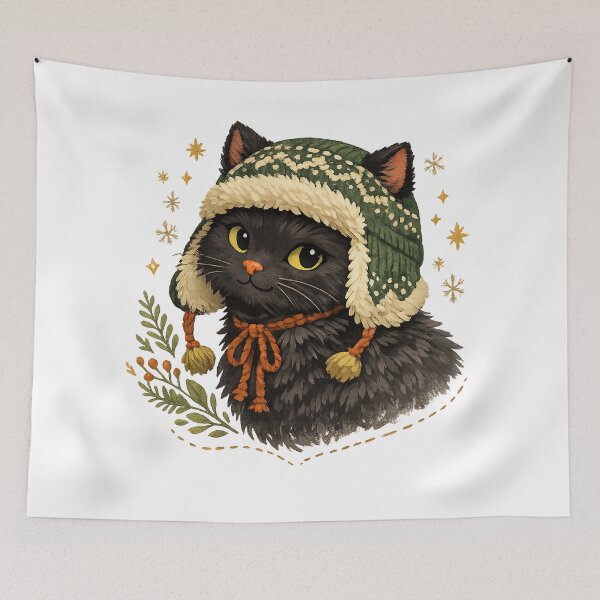 Item preview, Cozy Black Cat Winter Hat Cute Cottagecore Snowflake Cat Art Design designed and sold by inkoutninja.