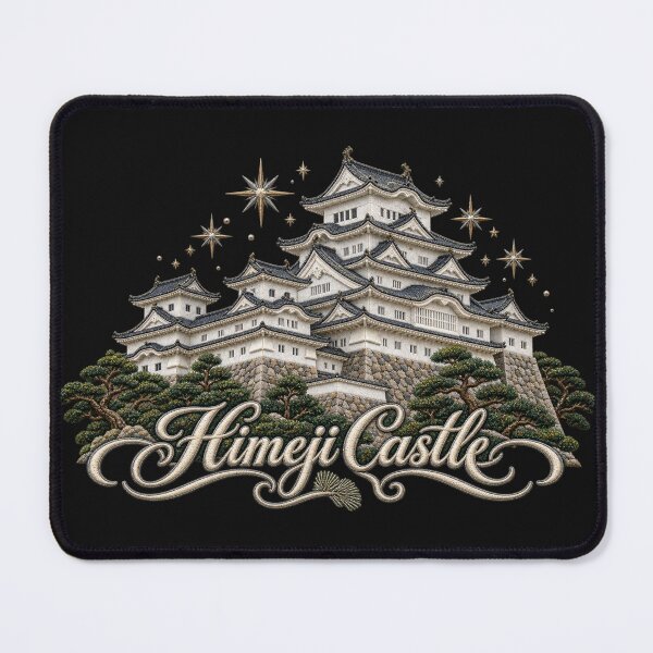 Item preview, Himeji Castle Embroidery Style Art with Golden Stars and Ornate Lettering designed and sold by Emoji Emblems.