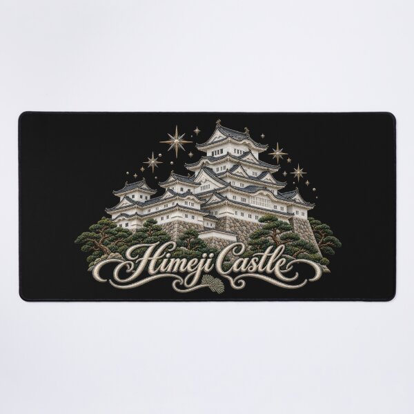Item preview, Himeji Castle Embroidery Style Art with Golden Stars and Ornate Lettering designed and sold by Emoji Emblems.
