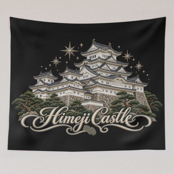 Item preview, Himeji Castle Embroidery Style Art with Golden Stars and Ornate Lettering designed and sold by Emoji Emblems.