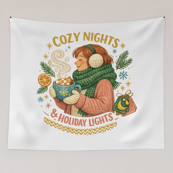 Item preview, Cozy Nights and Holiday Lights Winter Christmas Hot Cocoa Art Design designed and sold by inkoutninja.