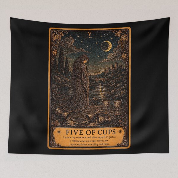 Item preview, Five of Cups Tarot Card - Grief & Emotional Healing Illustration designed and sold by ArcanaAbsolute.