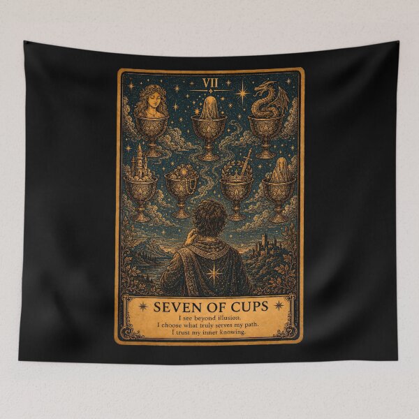 Item preview, Seven of Cups Tarot Card - Mystical Choices, Dreams & Illusion Art designed and sold by ArcanaAbsolute.