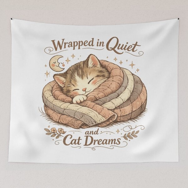 Item preview, Wrapped in Quiet and Cat Dreams Cozy Sleeping Cat Cottagecore Art Design designed and sold by inkoutninja.