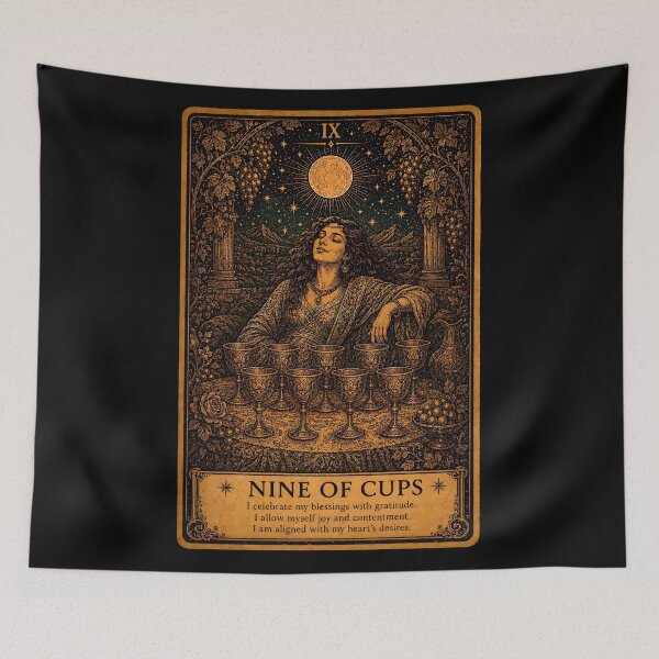 Item preview, Nine of Cups Tarot Card - Contentment & Emotional Fulfillment Illustration designed and sold by ArcanaAbsolute.