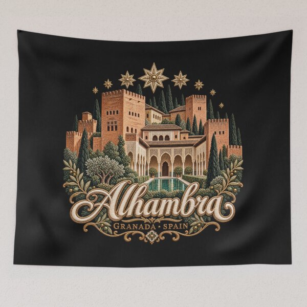 Item preview, Alhambra Granada Spain – Embroidery Style Palace Art with Golden Stars designed and sold by Emoji Emblems.