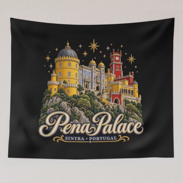 Item preview, Pena Palace Sintra Portugal – Colourful Embroidery Style Castle Art with Stars designed and sold by Emoji Emblems.